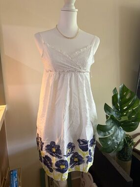 Penelope Mack White Sundress with Navy and Yellow Floral Hem